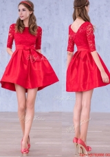 Romantic Bowknot and Laced Scoop Half Sleeves Mother of Bride Dresses  in Red