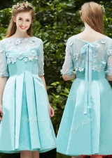See Through Bateau Half Sleeves Appliques Mother of Bride Dresses  in Apple Green
