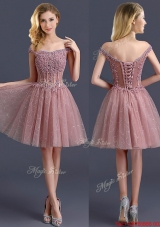 Lovely Off the Shoulder Cap Sleeves Prom Dresses with Appliques