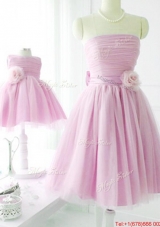 New Arrivals Strapless Baby Pink Prom Dresses  with Handcrafted Flower