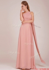Lovely Empire One Shoulder Ruched Peach Long Prom Dresses
