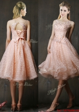 Lovely See Through Beaded and Applique Peach Prom Dresses  with Polka Dot
