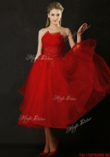 Lovely Tea Length Applique Red Prom Dresses with Asymmetrical Neckline