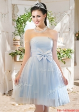 Elegant A Line Strapless Bowknot Short Bridesmaid Dress in Light Blue