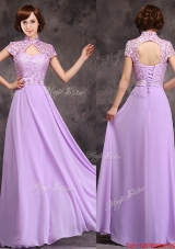 Popular Low Price High Neck Cap Sleeves Lavender Long Bridesmaid Dress