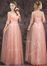 Popular See Through Applique and Laced Long Bridesmaid Dress in Peach
