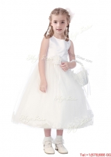 New Style Scoop Hand Made Flowers and Appliques Girls Party Dress in White