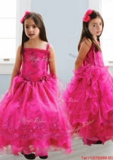 Popular Spaghetti Straps Lace and Ruffled Layers Girls Party Dress in Hot Pink