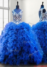 Classical Beaded and Ruffled V Neck Royal Blue Quinceanera Dress in Organza