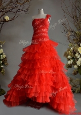 Pretty Ruffled Layers A Line Red Quinceanera Dress with One Shoulder