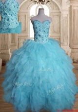 Modest Beaded and Ruffled Baby Blue Quinceanera Dress in Tulle