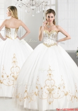 New Arrivals Tulle White Sweet 16 Dress with Beading and Gold Appliques