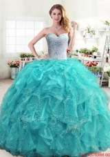Perfect Organza Ruffled and Beaded Bodice Quinceanera Dress in Turquoise
