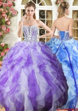 Beautiful Beaded Bodice and Ruffled Purple and White Quinceanera Dress in Organza