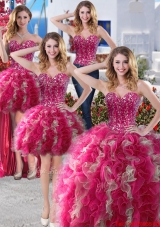 Cheap Puffy Skirt Organza Detachable Sweet 16 Gowns with Beading and Ruffles