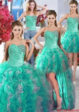 New Style Ruffled and Beaded Detachable Quinceanera Dresses in Turquoise and White
