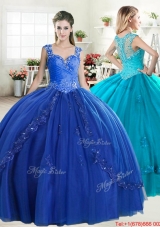 Popular Straps Beaded and Applique Quinceanera Dress in Royal Blue