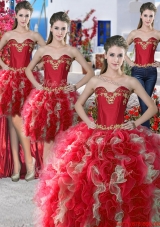 Pretty Applique and Ruffled Detachable Quinceanera Gowns in Red and Champagne