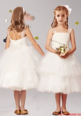 Modest Straps White Flower Girl Dress with Appliques and Ruffled Layers