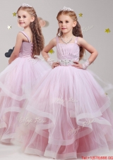 Fashionable Straps Baby Pink Girls Party Dress with Beading and Ruffles