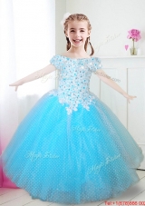 Hot Sale Off the Shoulder Aqua Blue Girls Party Dress with Appliques and Beading