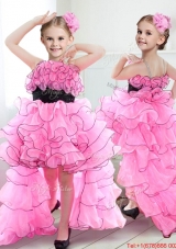 Pretty Spaghetti Straps Ruffled and Belted High Low Girls Party Dress in Rose Pink