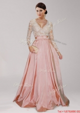 Affordable Deep V Neckline Long Sleeves Peach Prom Dress with Beading and  Belt