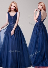 Best V Neck Navy Blue Tulle Prom Dress with Appliques and Belt