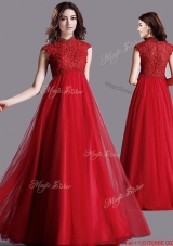Cheap High Neck Cap Sleeves Red  Prom Dress with Lace