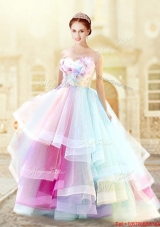 Modest Hand Made Flowers and Ruffled Layers Prom Dress in Rainbow
