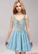 New Arrivals Straps Baby Blue Chiffon Prom Dress with Beading and Ruffles