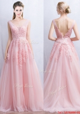 Pretty V Neck Tulle Baby Pink Prom Dress with Appliques and Belt