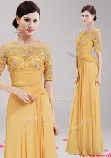 See Through Scoop Half Sleeves Applique and Belted Prom Dress in Gold