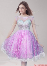 See Through Scoop Knee Length Prom Dress with Beading and Lace