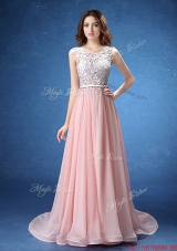 Perfect Scoop Laced and Belted Chiffon Prom Dress in Baby Pink
