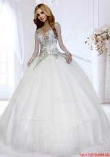 Inexpensive Open Back Beaded Bodice Wedding Dress with Deep V Neckline