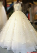 Low Price Open Back Court Train Wedding Dress with Appliques and Bowknot