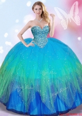 2017 Fashionable Really Puffy Beaded Tulle Quinceanera Dress in Rainbow