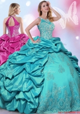Best Halter Top Beaded and Bubble Quinceanera Dress in Turquoise