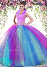 Cheap High Neck Beaded Rainbow Quinceanera Dress in Tulle