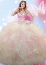 Luxurious Really Puffy Beaded and Ruffled Quinceanera Dress in Rainbow