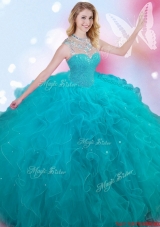 New See Through High Neck Beaded and Ruffled Teal Sweet 16 Dress