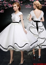 2017 Discount Tea Length V Neck Cap Sleeves Prom Dress in White and Black