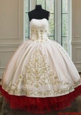 New Style Strapless Red and White Quinceanera Dress with Embroidery and Ruffled Layers
