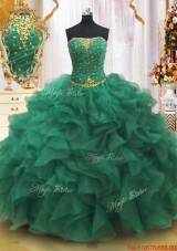 Classical Strapless Beaded and Ruffled Quinceanera Dress in Dark Green