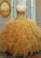 Exclusive V Neck Zipper Up Gold Sweet 16 Dress with Beading and Ruffles