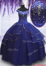 Royal Blue Off the Shoulder Ruffled Layers Quinceanera Dress with Beading and Sequins