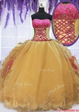 Laced Beaded and Ruffled Gold and Hot Pink Quinceanera Dress with Brush Train