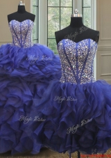 Visible Boning Royal Blue Detachable Quinceanera Gown with Beaded Bodice and Ruffles
