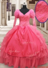 Classical Half Sleeves Watermelon Red Quinceanera Dress with Ruffled Layers and Embroider